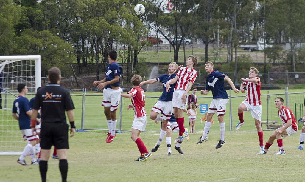 WHO’S BALL? Ipswich Grammar School footballers leap for the ball after a corner in last weekend’s GPS match against The Southport School. WHO’S BALL? Ipswich Grammar School footballers leap for the ball after a corner in last weekend’s GPS match against The Southport School.